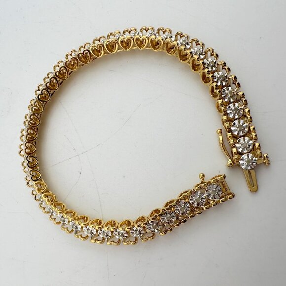 1/2 Carat Diamond Bracelet w Heart Pattern on Side 14kt Gold Overlay Sterling - Picture 9 of 13